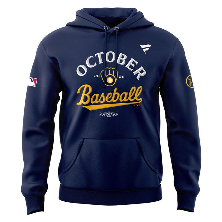 Special New October Ready 2025 MLB Postseason Brewers Uniform Navy Hoodie