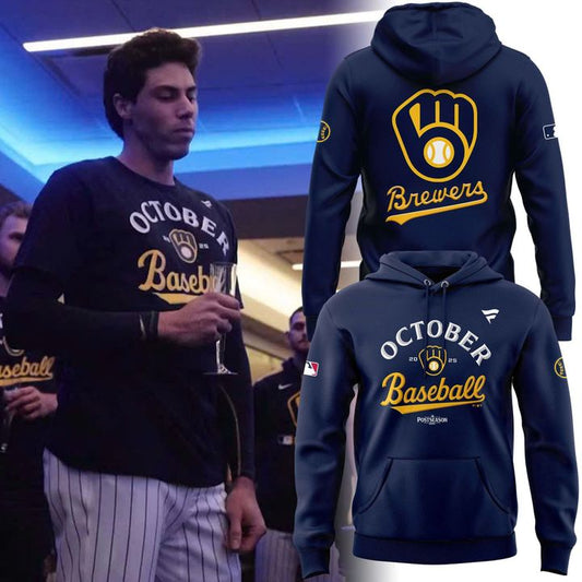 Special New October Ready 2025 MLB Postseason Brewers Uniform Navy Hoodie