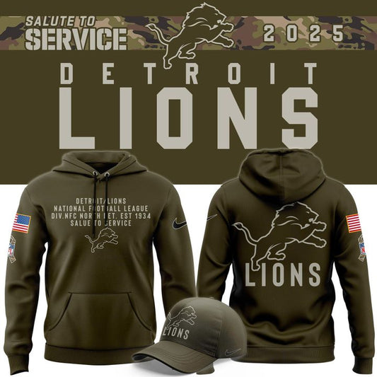 Men's Detroit Lions Nike Olive 2025 Salute to Service Sideline Standard Issue Hoodie V3
