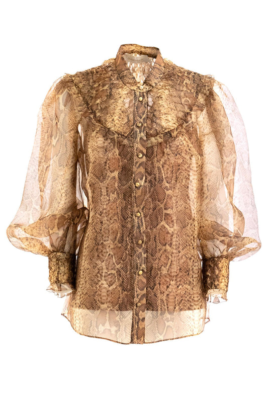 Blusa Utility con Stampa Pitonata Seta Marrone