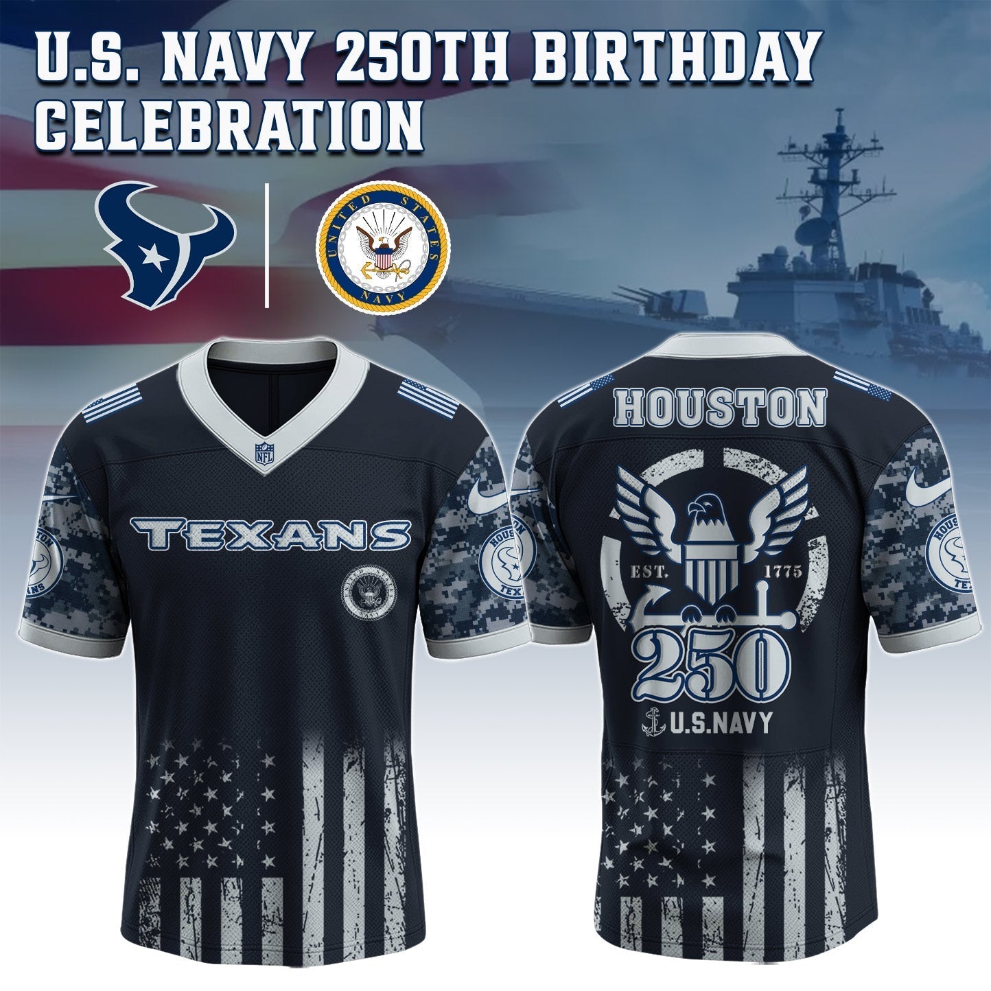 Houston Texans x U.S. NAVY 250TH Birthday Special Edition Jersey - Tycheco
