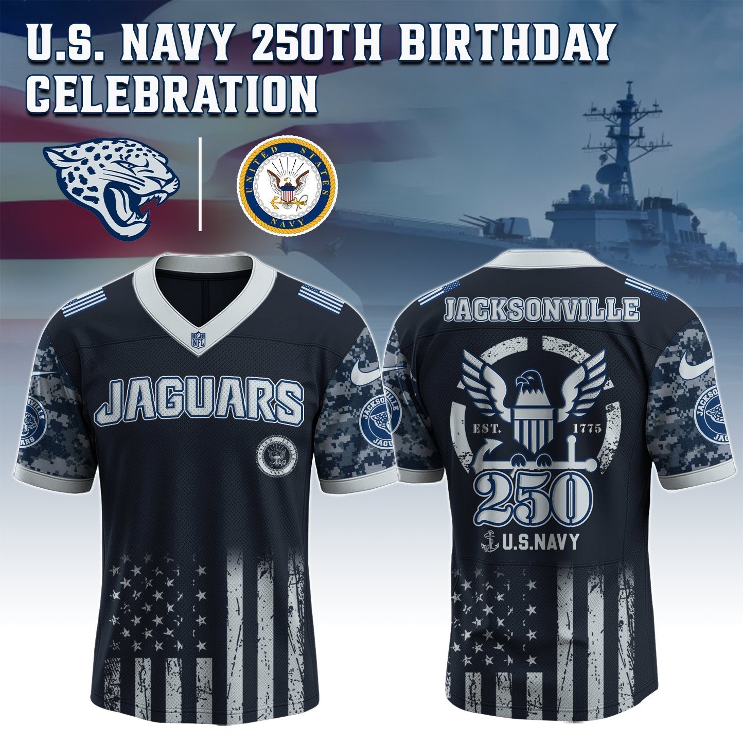 Jacksonville Jaguars x U.S. NAVY 250TH Birthday Special Edition Jersey - Tycheco
